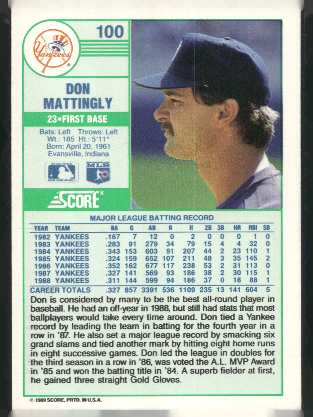1989 Score #100 Don Mattingly