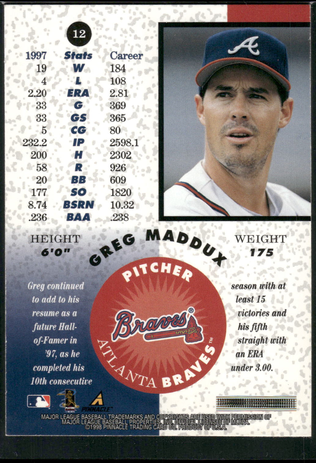 1998 Pinnacle Mint Collection #12 Greg Maddux Bronze