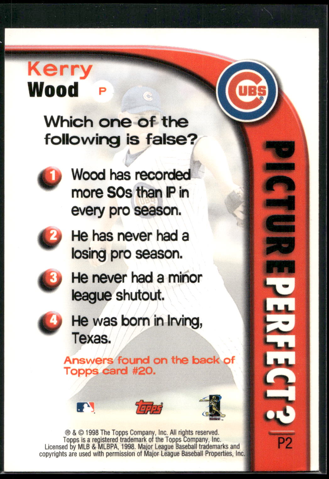1999 Topps #P2 Kerry Wood Picture Perfect