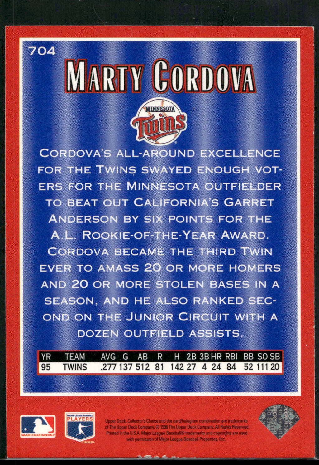 1996 Collector's Choice #704 Marty Cordova Gold Signature