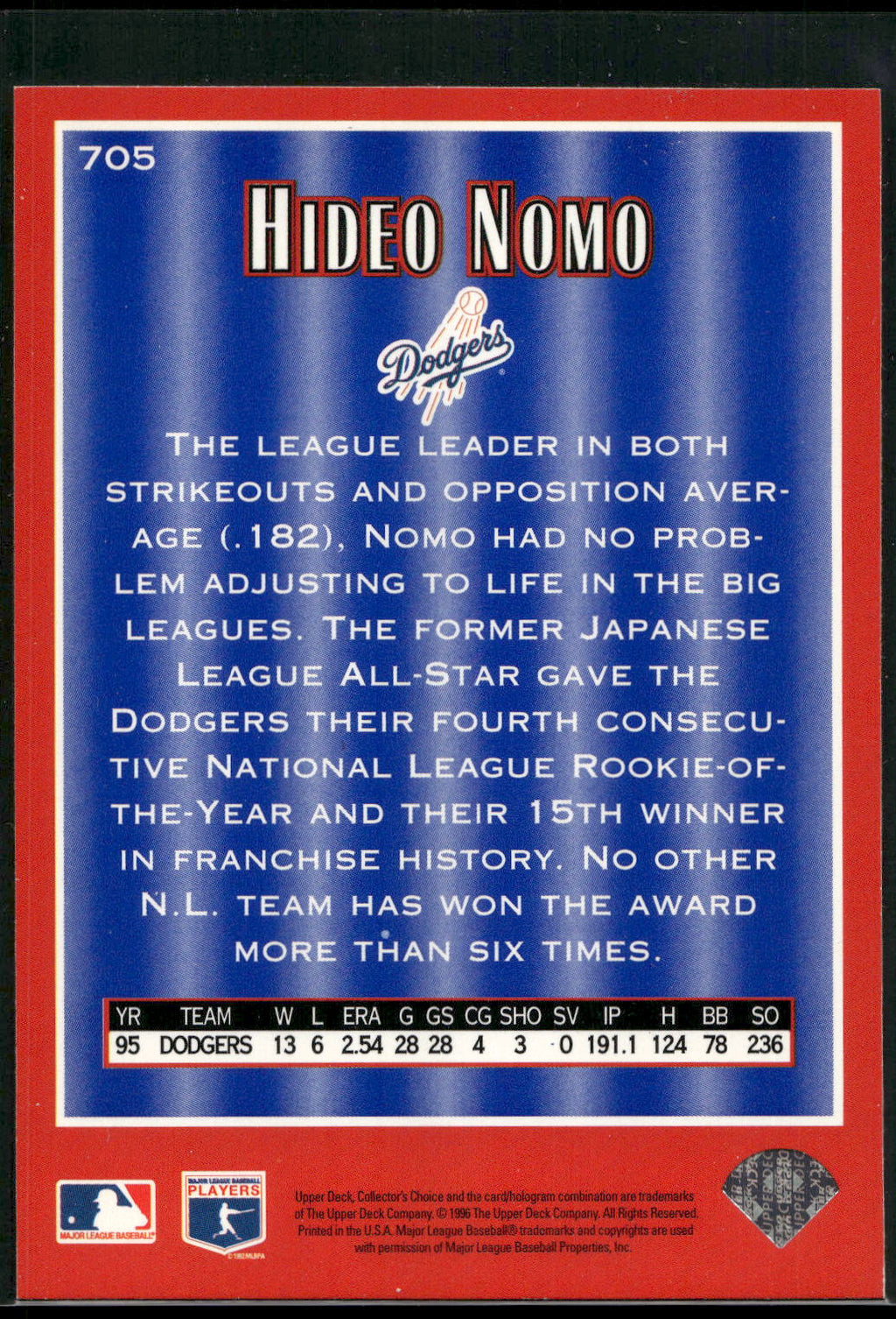 1996 Collector's Choice #705 Hideo Nomo