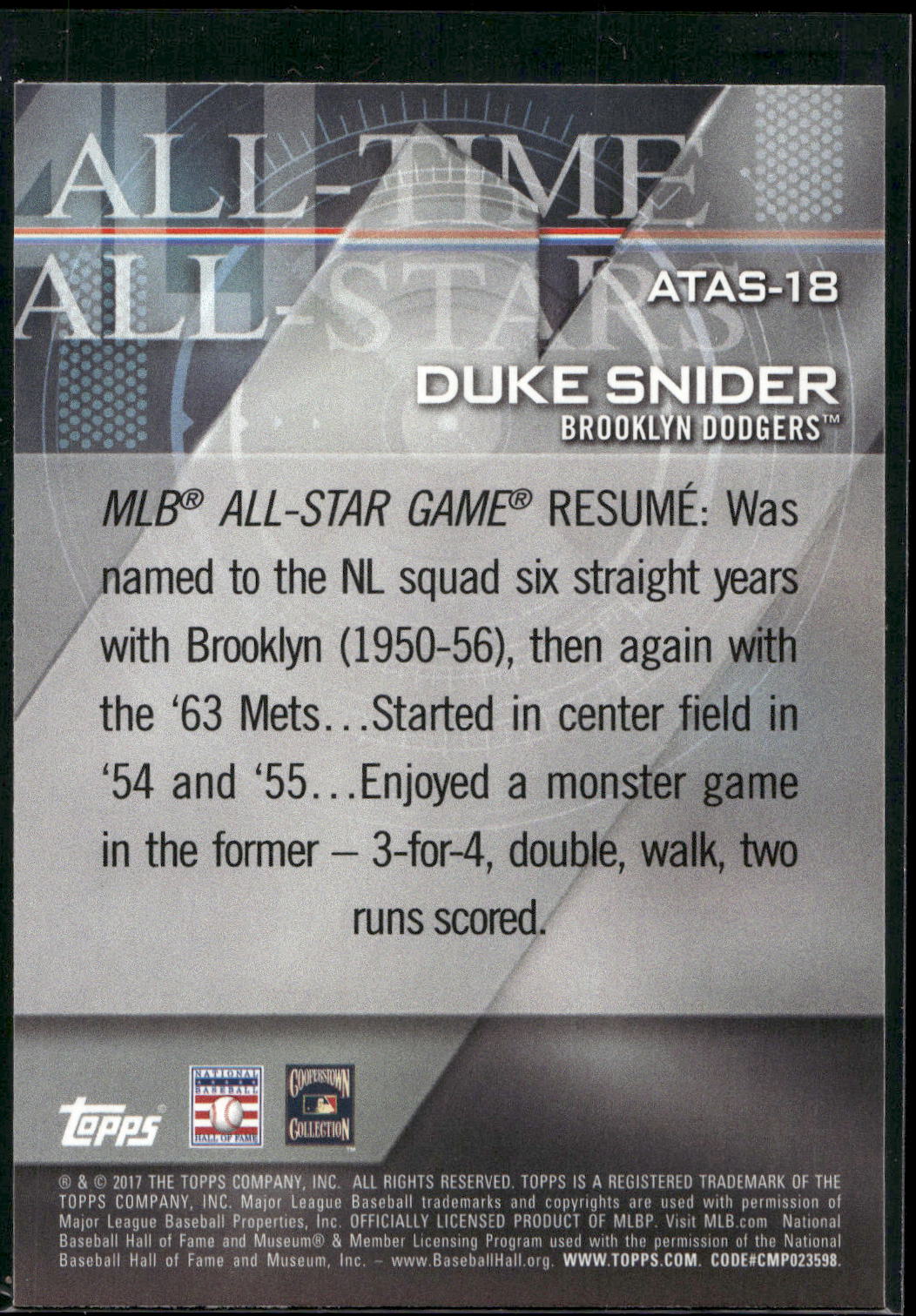 2017 Topps #ATAS-18 Duke Snider All-Time All-Stars