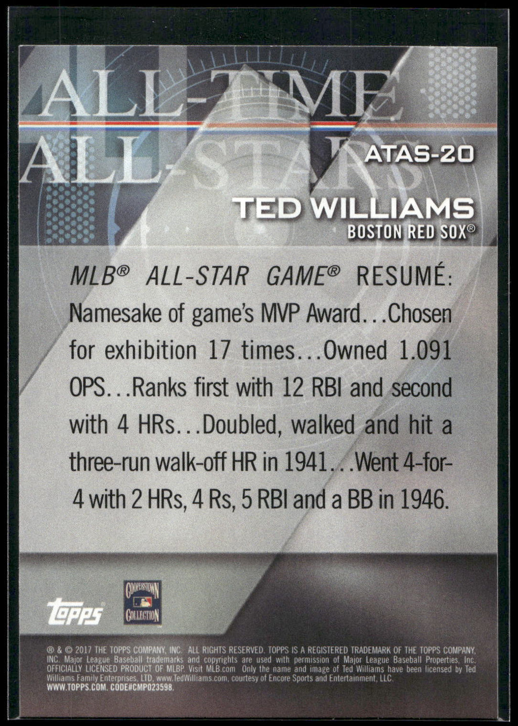 2016 Topps #WRIG-23 Ted Williams 100 Years at Wrigley Field