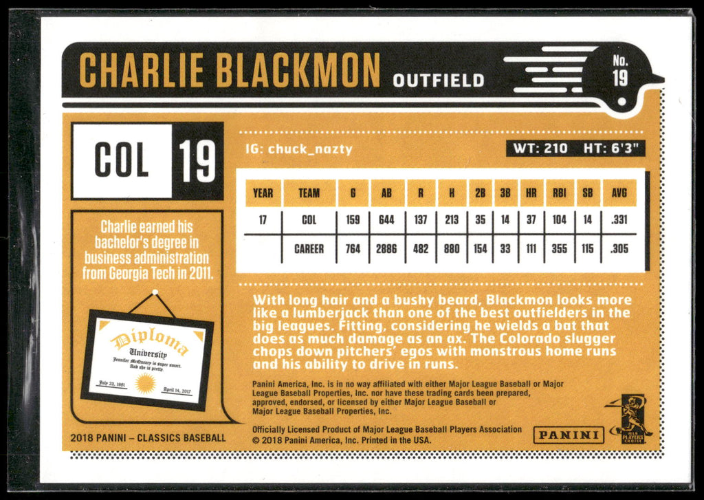 2018 Panini Chronicles #19 Charlie Blackmon Classics Timeless Tribute #/199