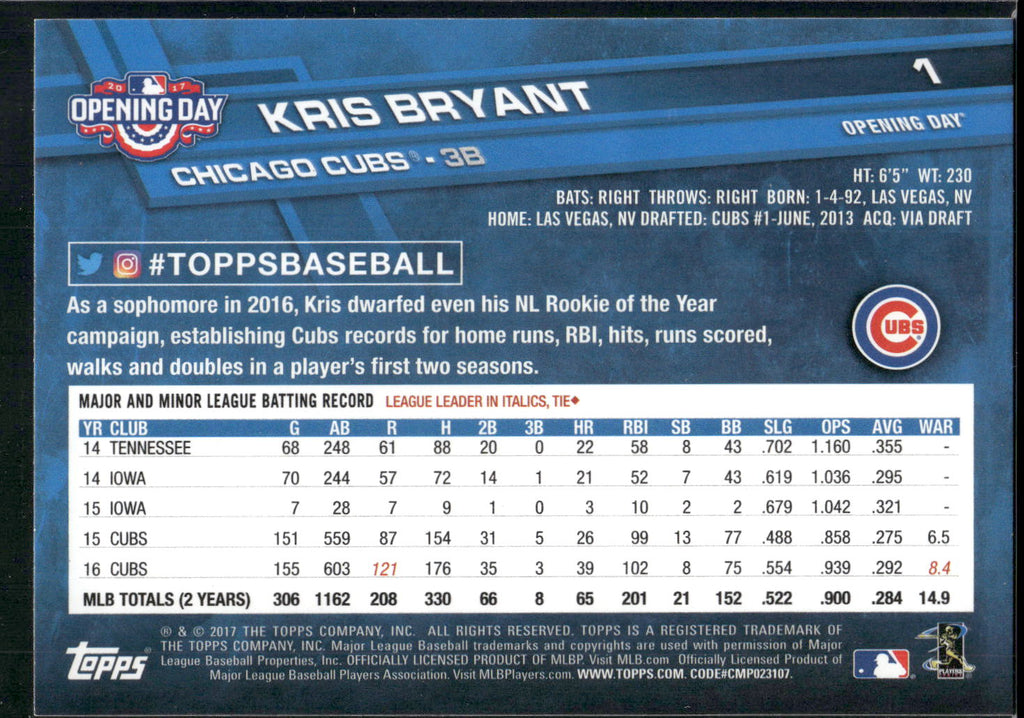 2017 Topps Opening Day #1 Kris Bryant