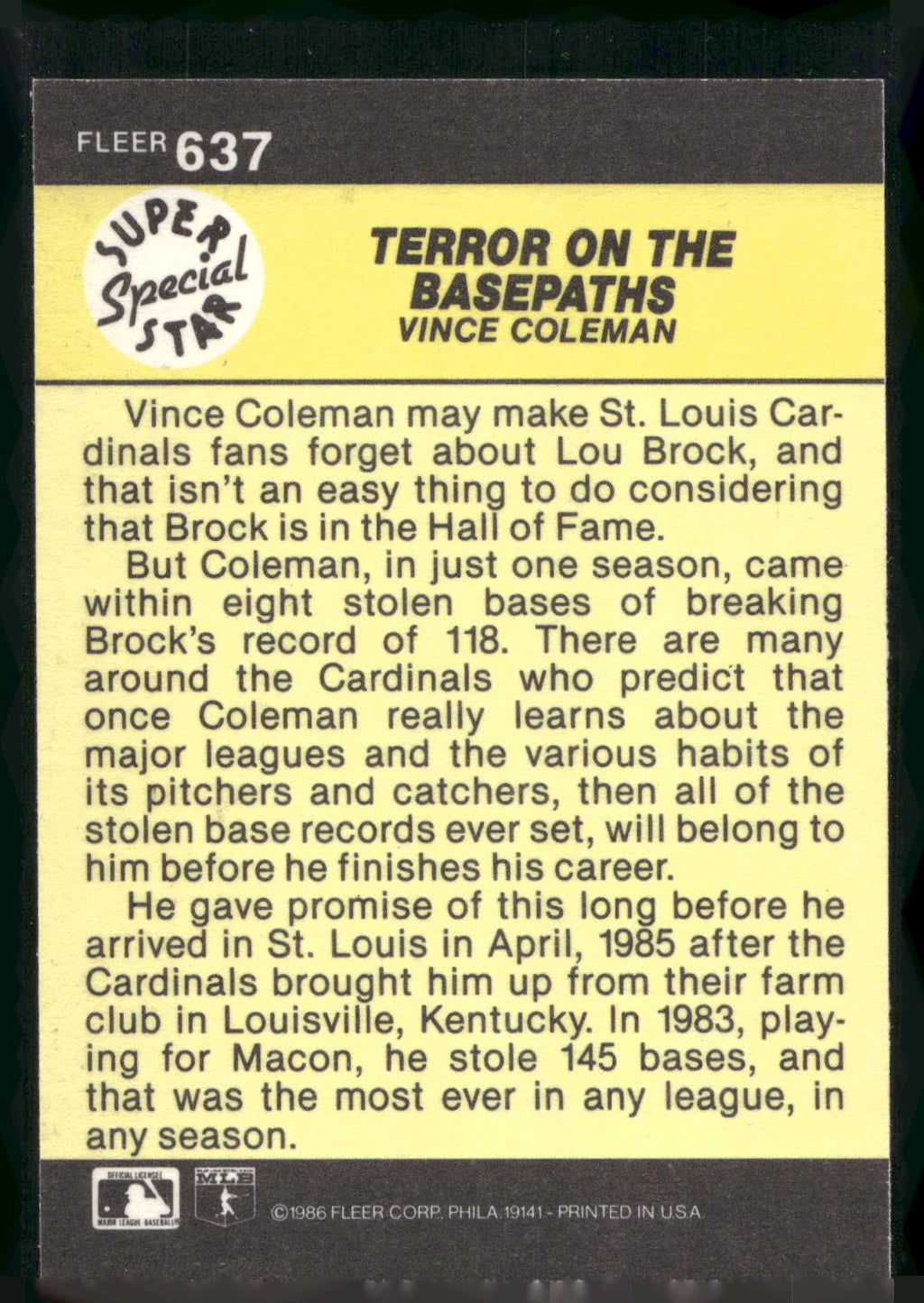 1986 Fleer #637 Terror on the Basepaths (Vince Coleman)