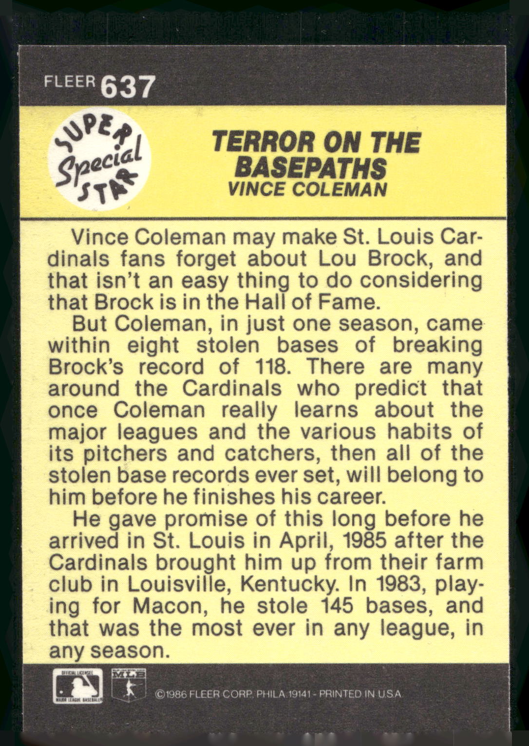 1986 Fleer #637 Terror on the Basepaths (Vince Coleman)