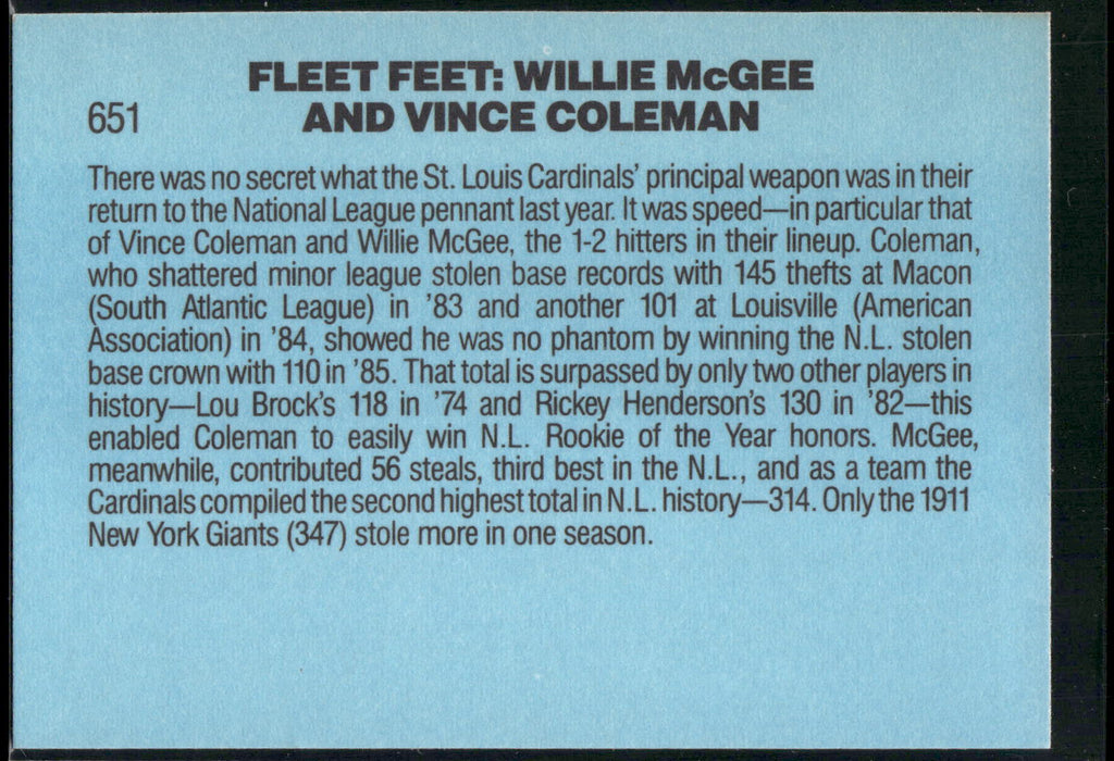 1986 Donruss #651 Fleet Feet (Willie McGee / Vince Coleman)