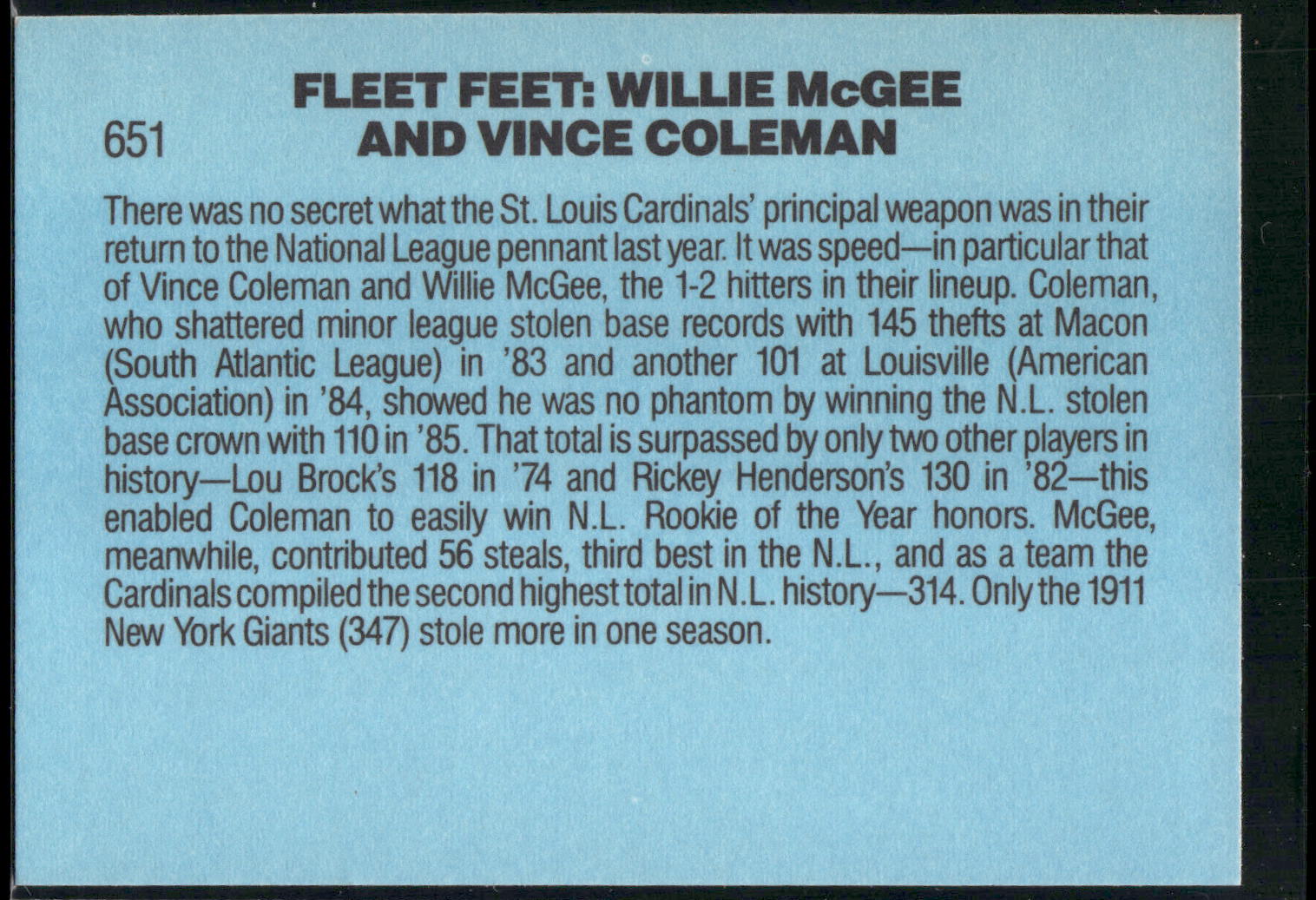 1986 Donruss #651 Fleet Feet (Willie McGee / Vince Coleman)