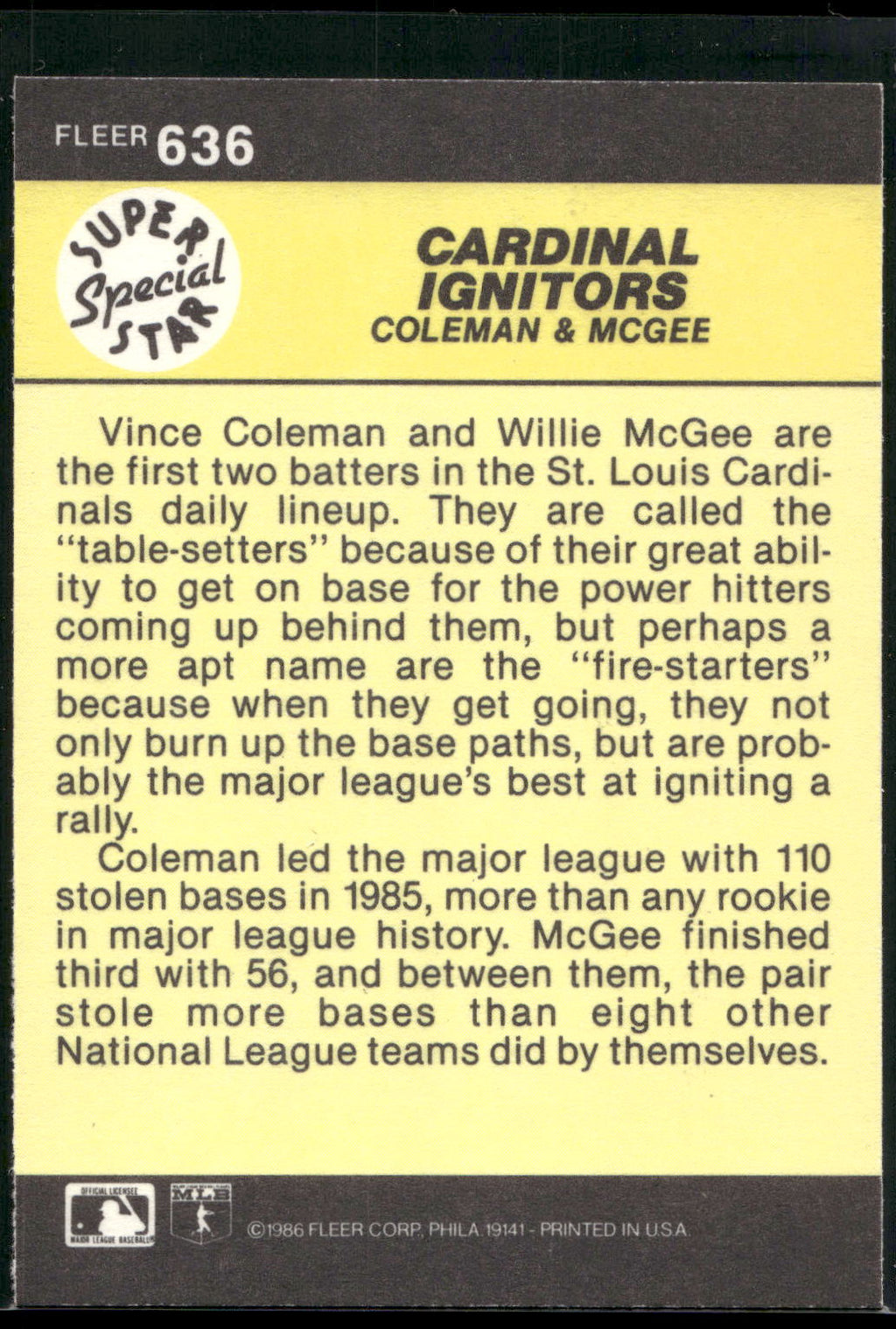1986 Fleer #636 Cardinal Ignitors (Vince Coleman / Willie McGee) SSS, CPC