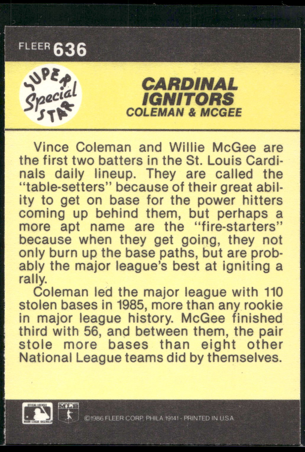 1986 Fleer #636 Cardinal Ignitors (Vince Coleman / Willie McGee) SSS, CPC