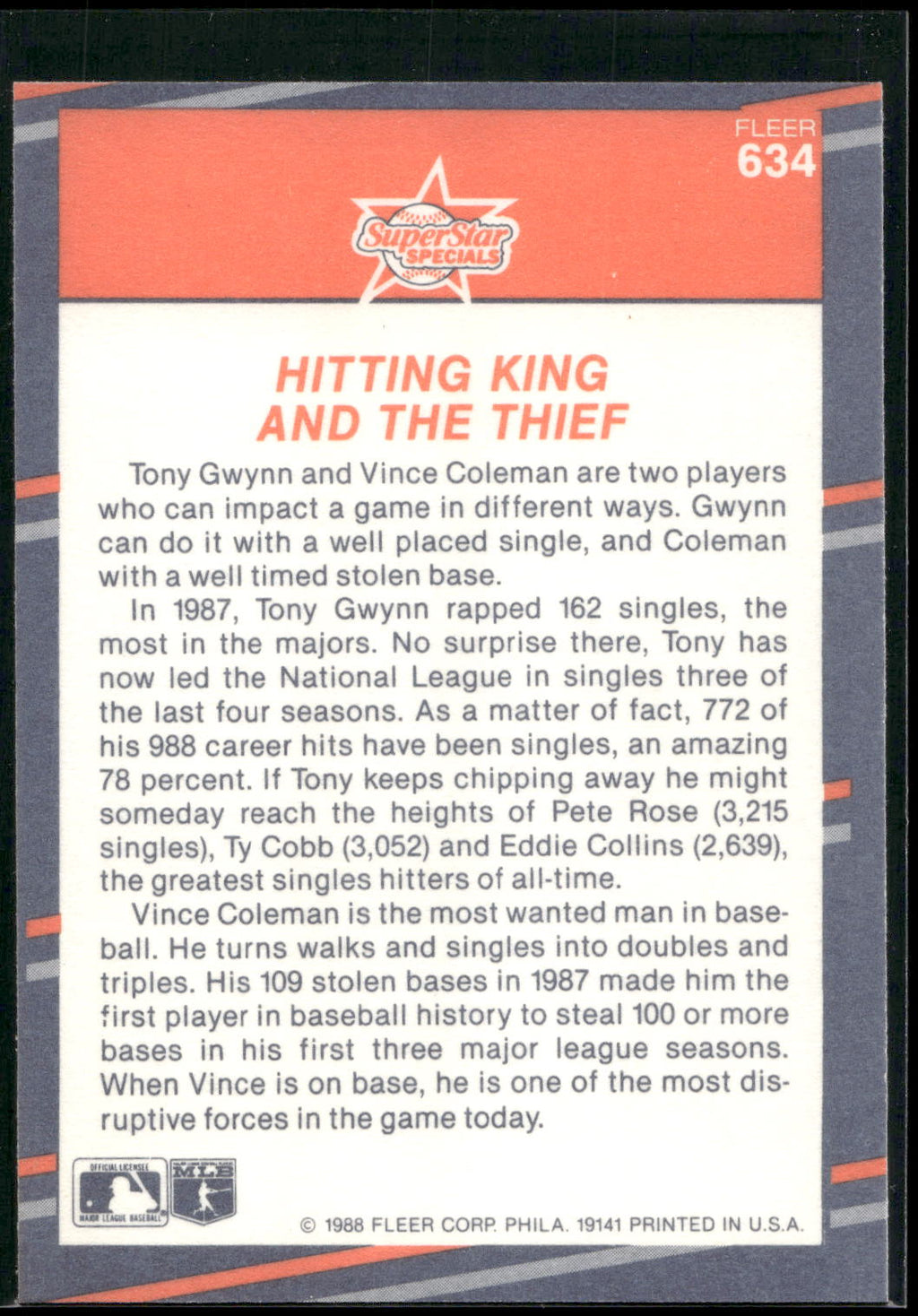 1988 Fleer #634 Hitting King &amp; the Thief (Tony Gwynn / Vince Coleman)