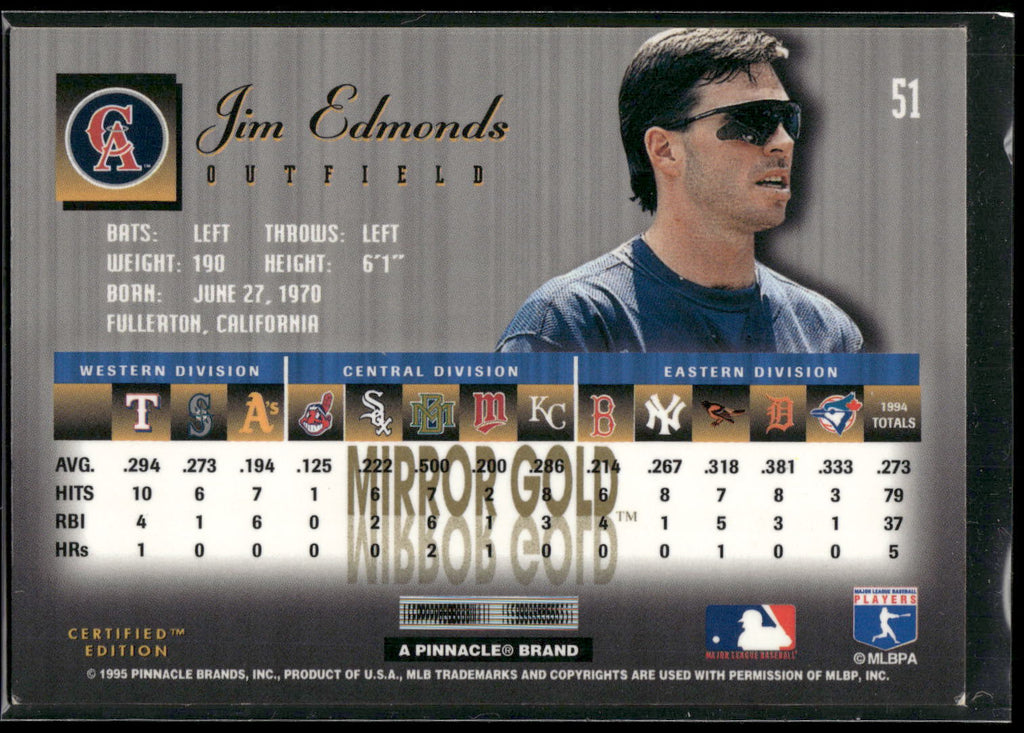 1995 Select Certified #51 Jim Edmonds Mirror Gold