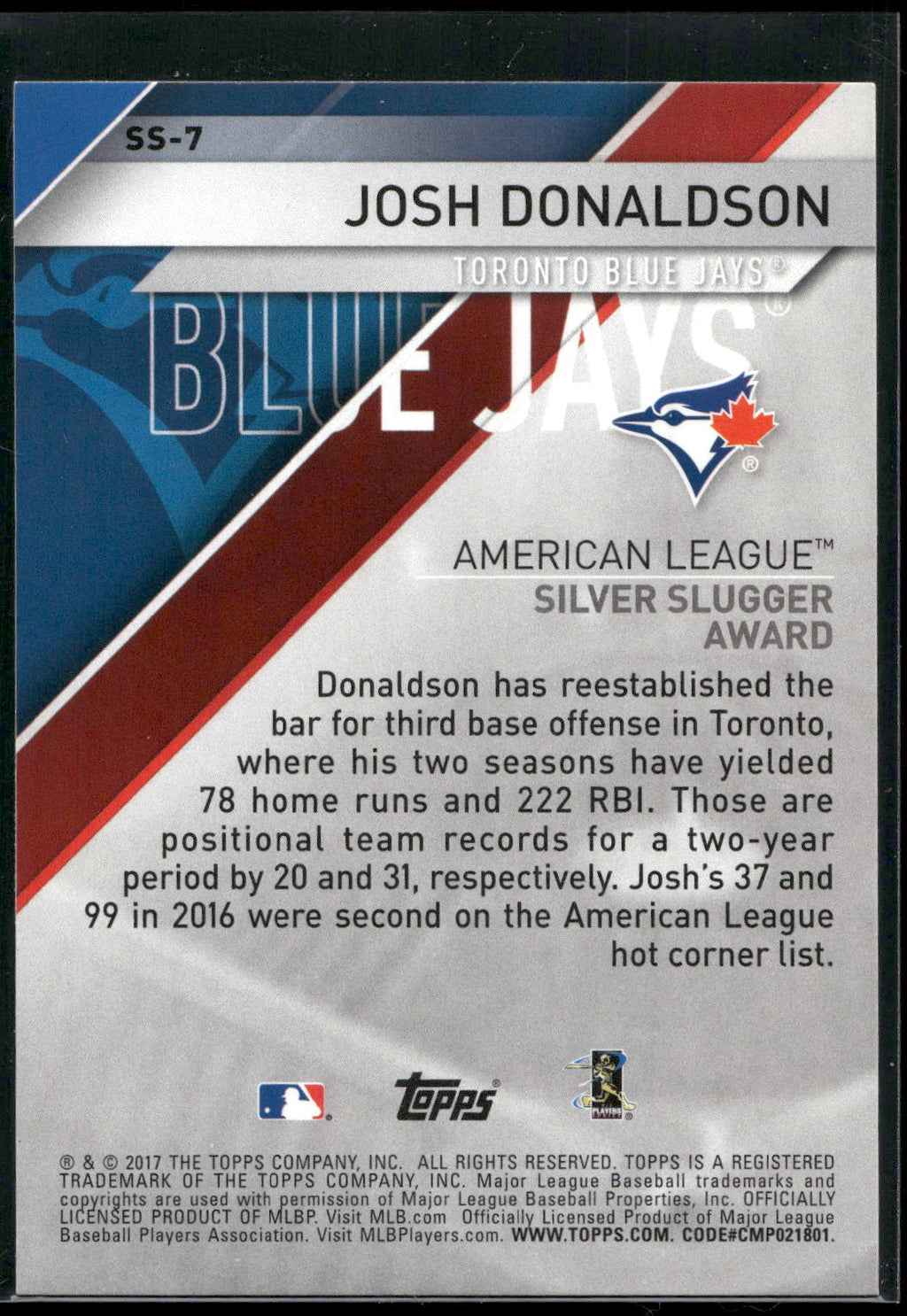 2017 Topps #SS-7 Josh Donaldson Silver Slugger Awards