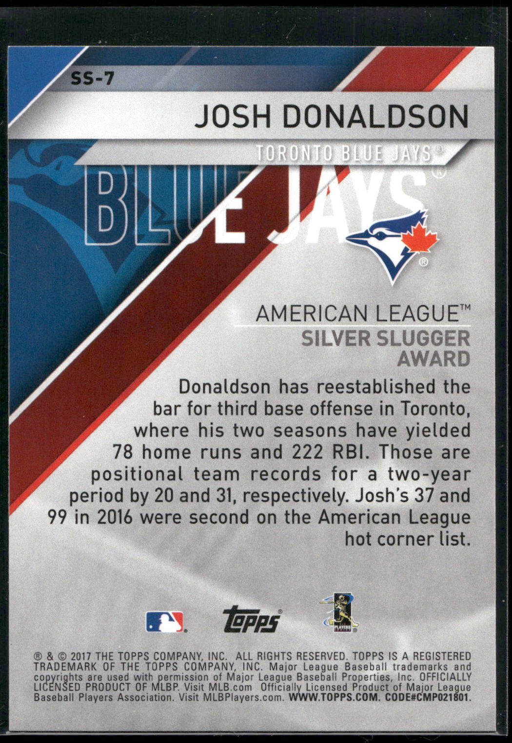 2017 Topps #SS-7 Josh Donaldson Silver Slugger Awards