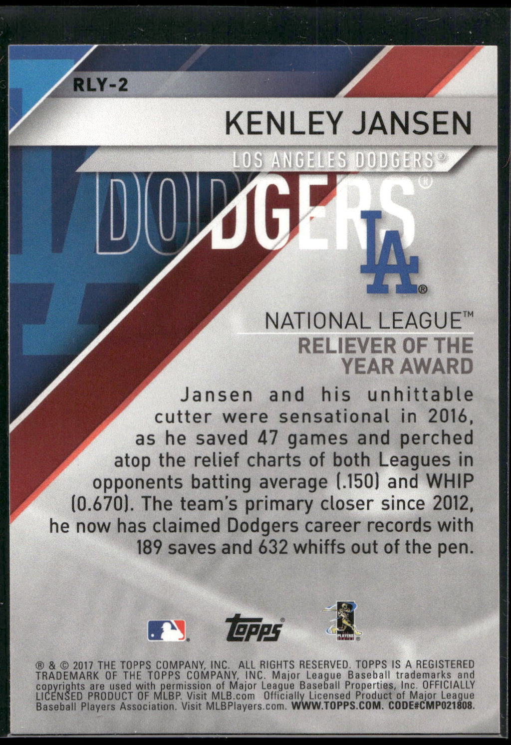 2017 Topps #RLY-2 Kenley Jansen MLB Awards