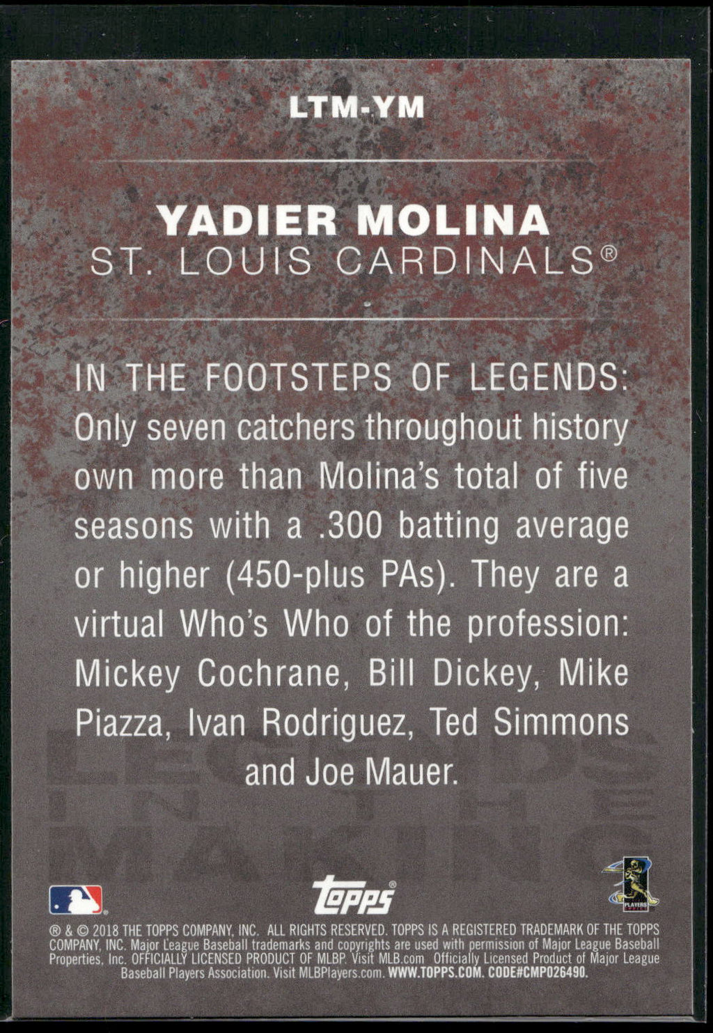 2018 Topps #LTM-YM Yadier Molina Legends in the Making (Series 1)