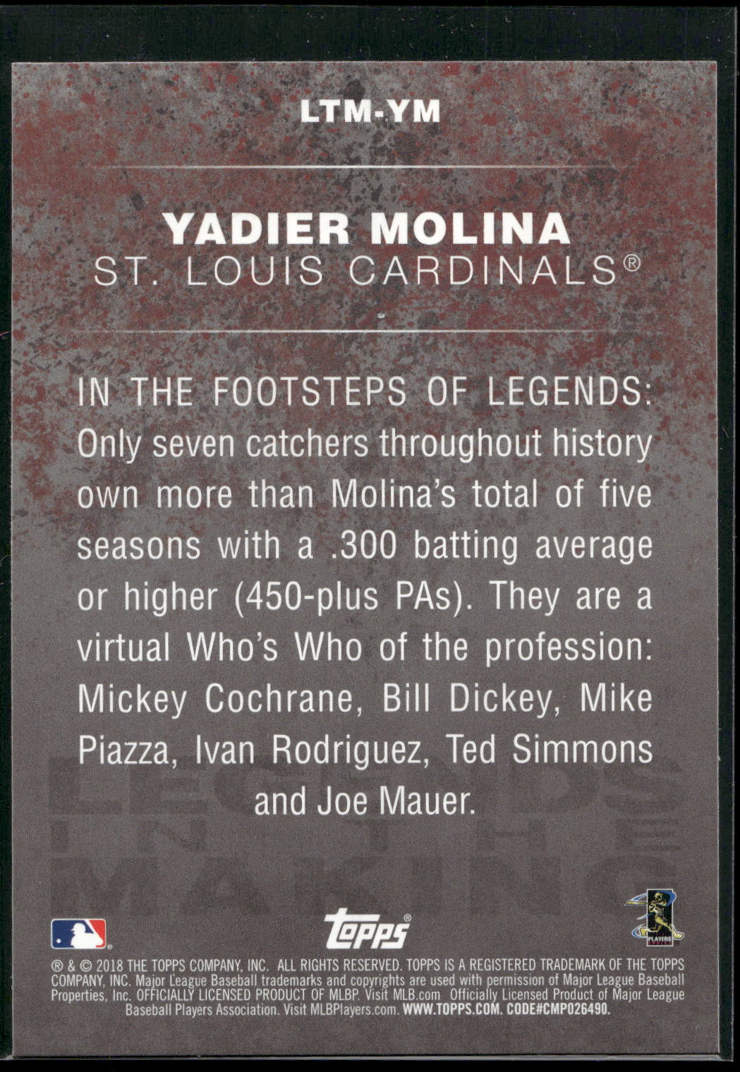 2018 Topps #LTM-YM Yadier Molina Legends in the Making (Series 1)