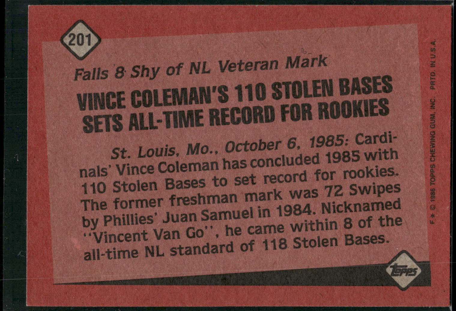 1986 Topps #201 Vince Coleman