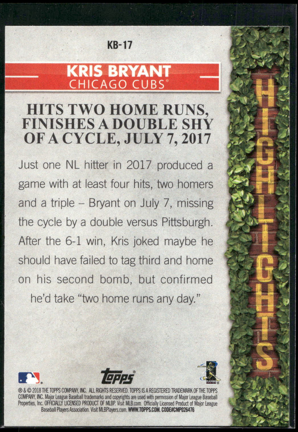 2018 Topps #KB-17 Kris Bryant Kris Bryant Highlights Blue