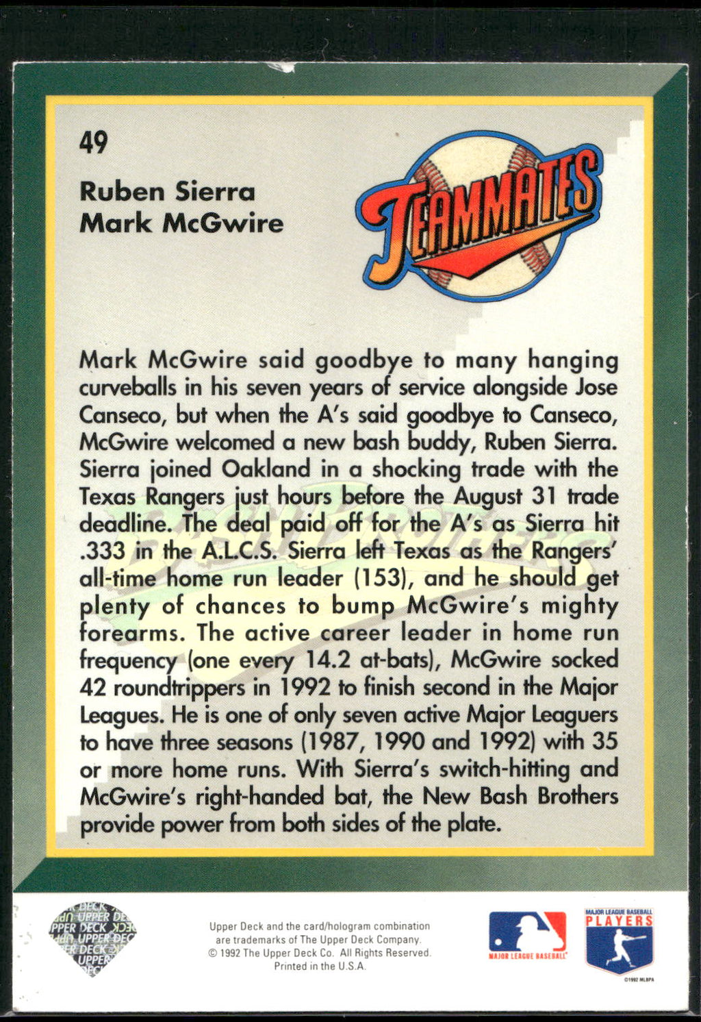 1993 Upper Deck #49 Ruben Sierra / Mark McGwire Gold Hologram