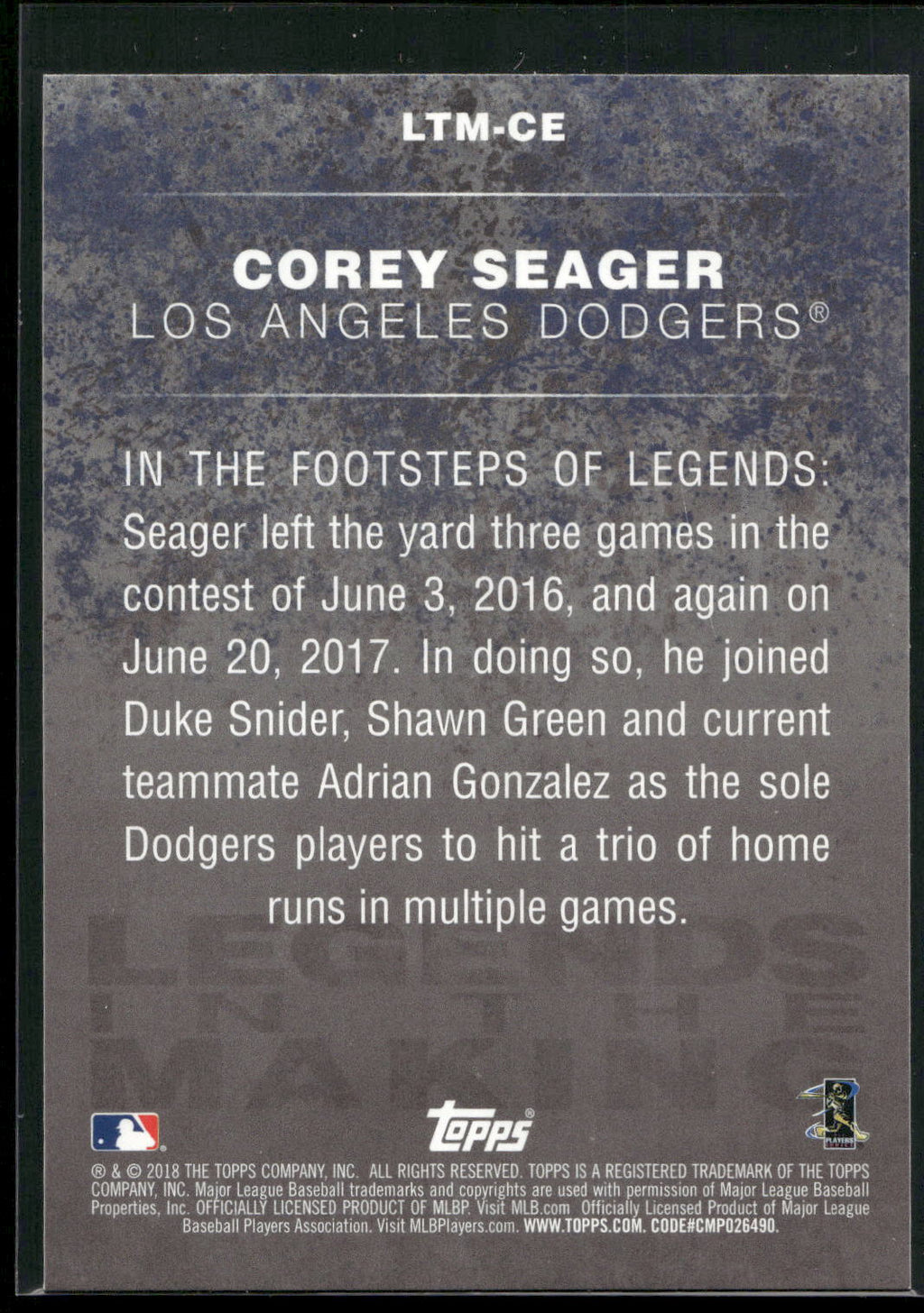 2018 Topps #LTM-CE Corey Seager Legends in the Making (Series 1)