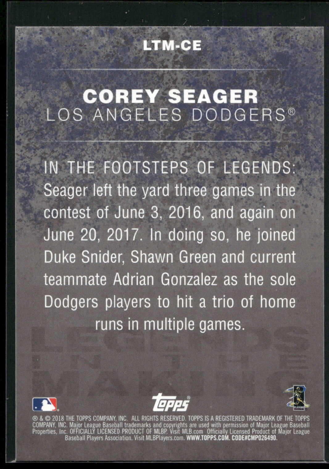 2018 Topps #LTM-CE Corey Seager Legends in the Making (Series 1)