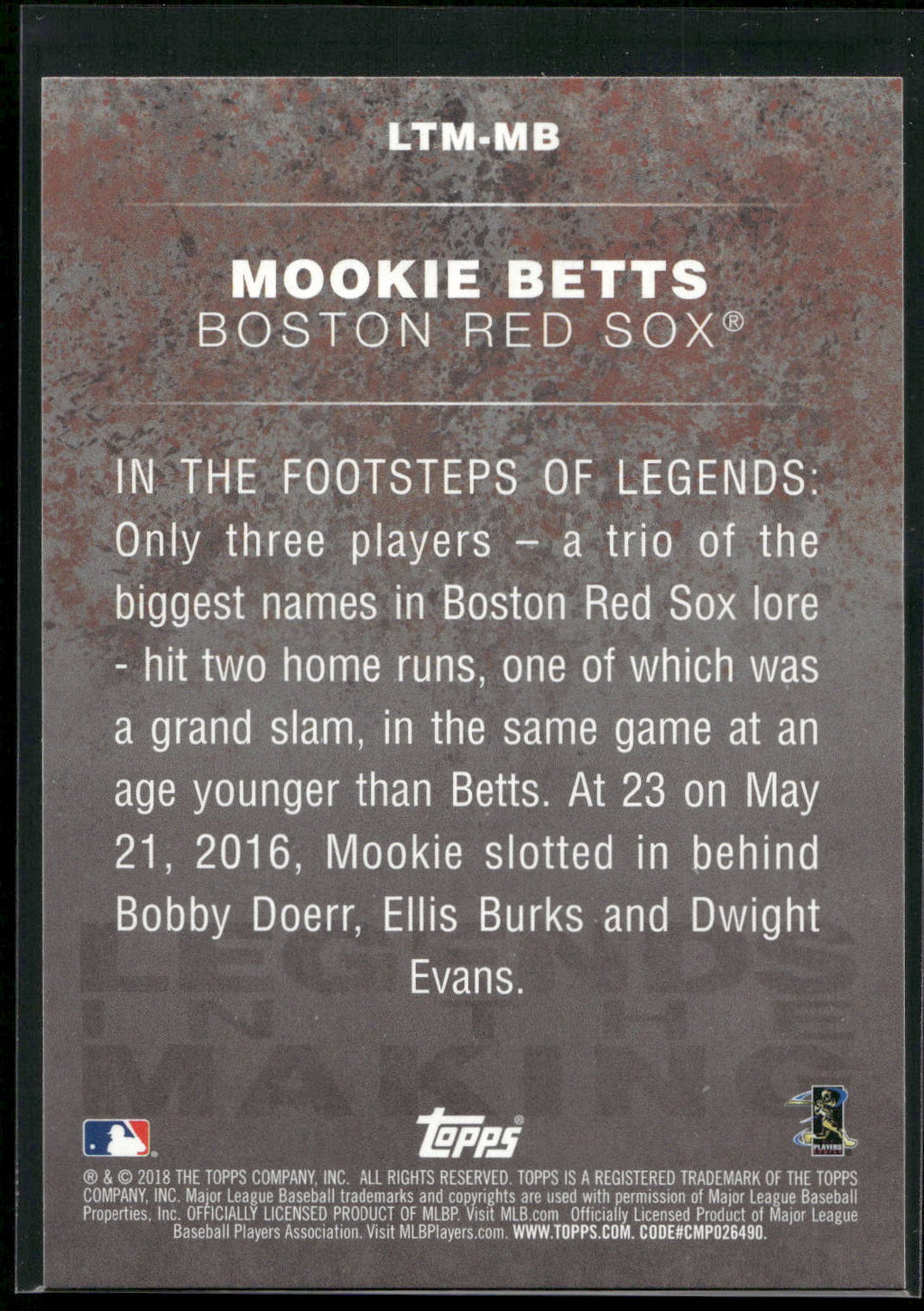 2018 Topps #LTM-MB Mookie Betts Legends in the Making (Series 1)