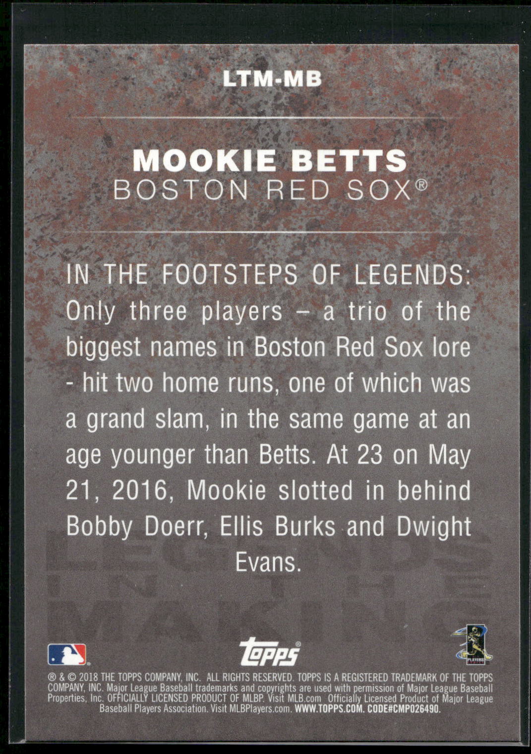 2018 Topps #LTM-MB Mookie Betts Legends in the Making (Series 1)
