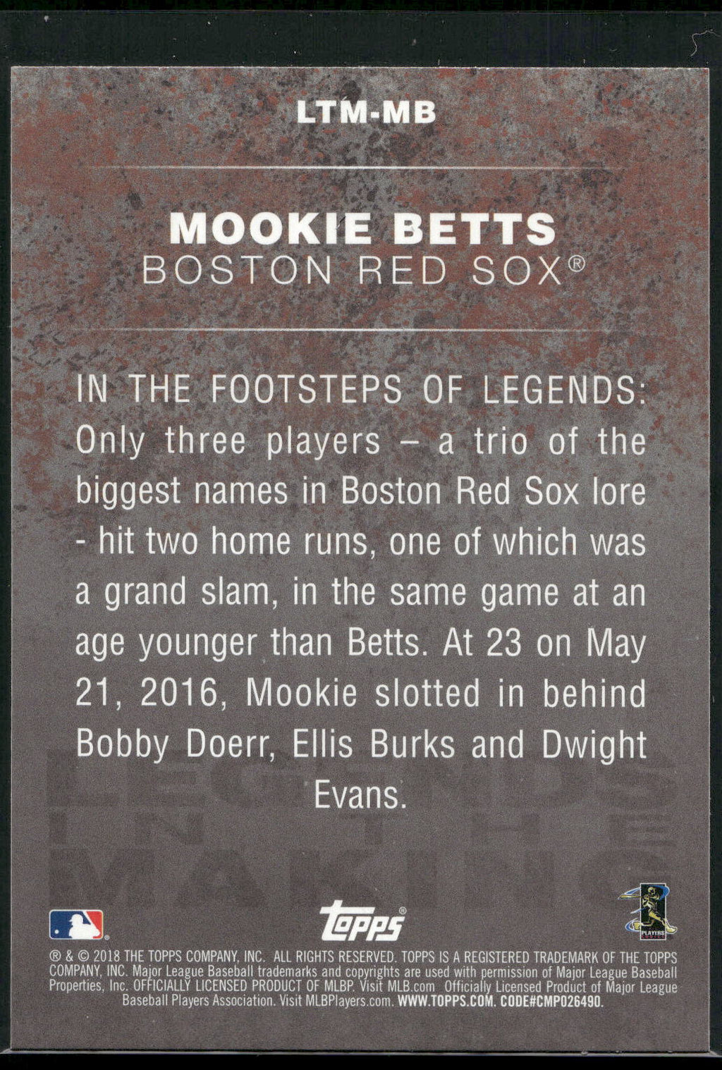2018 Topps #LTM-MB Mookie Betts Legends in the Making (Series 1)