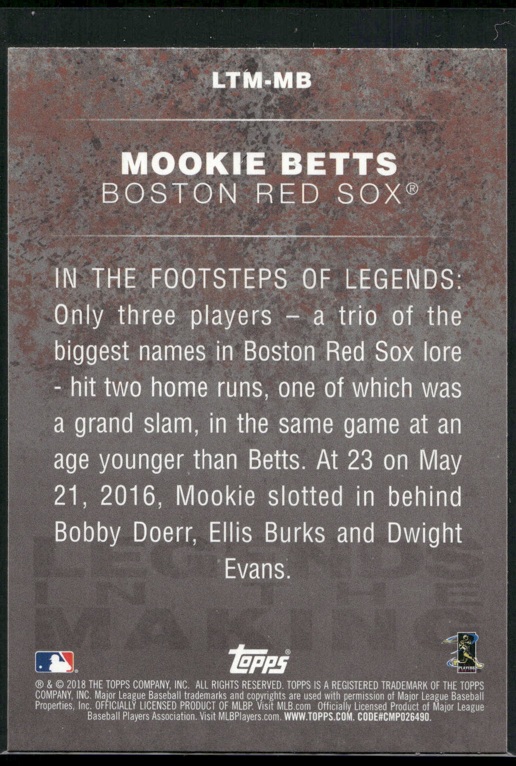 2018 Topps #LTM-MB Mookie Betts Legends in the Making (Series 1)