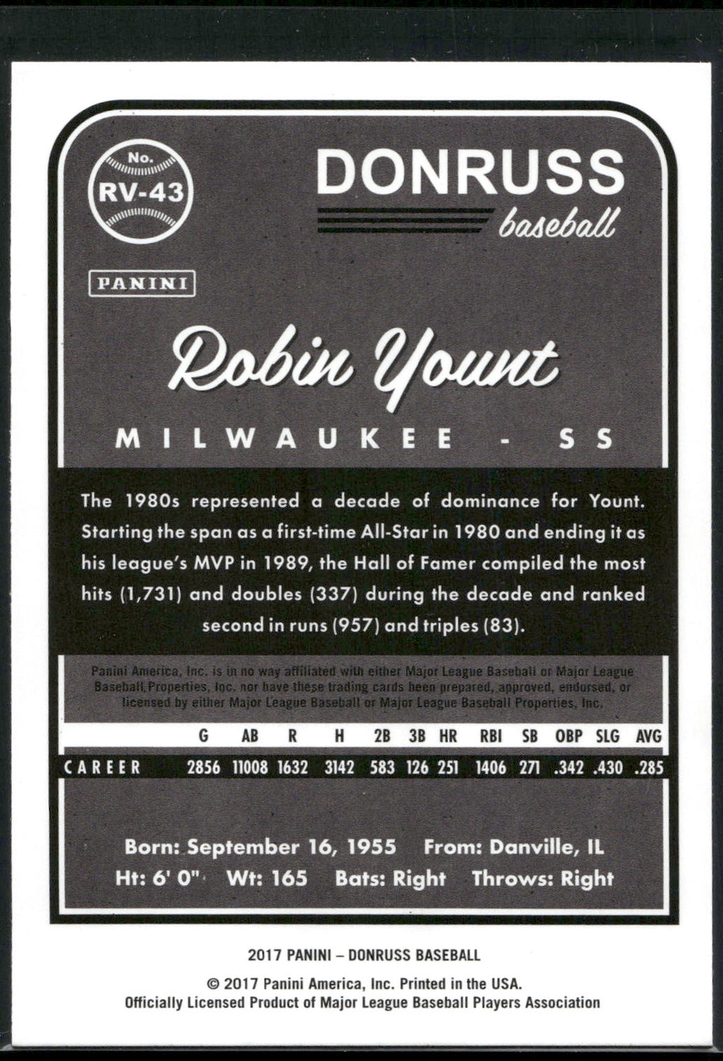 2017 Donruss #RV-43 Robin Yount Retro Variations 1983
