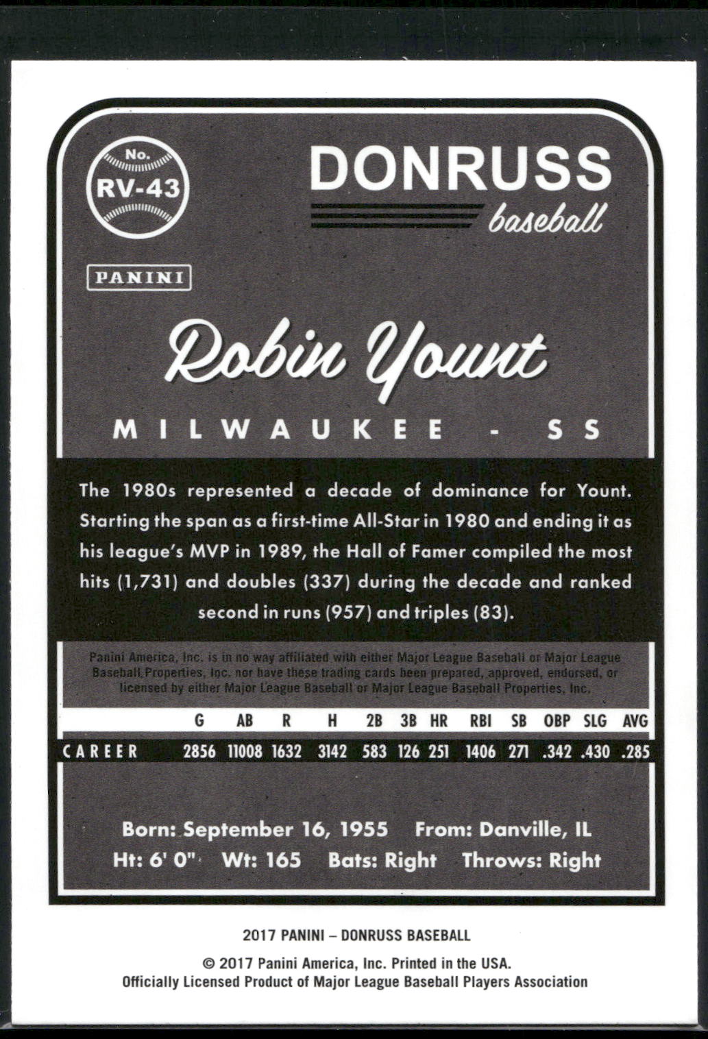 2017 Donruss #RV-43 Robin Yount Retro Variations 1983