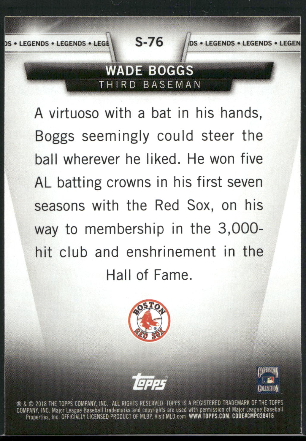 2018 Topps #S-76 Wade Boggs Topps Salute (Series Two)