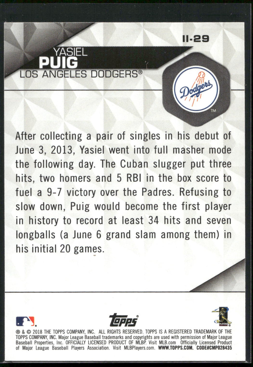 2018 Topps #II-29 Yasiel Puig Instant Impact