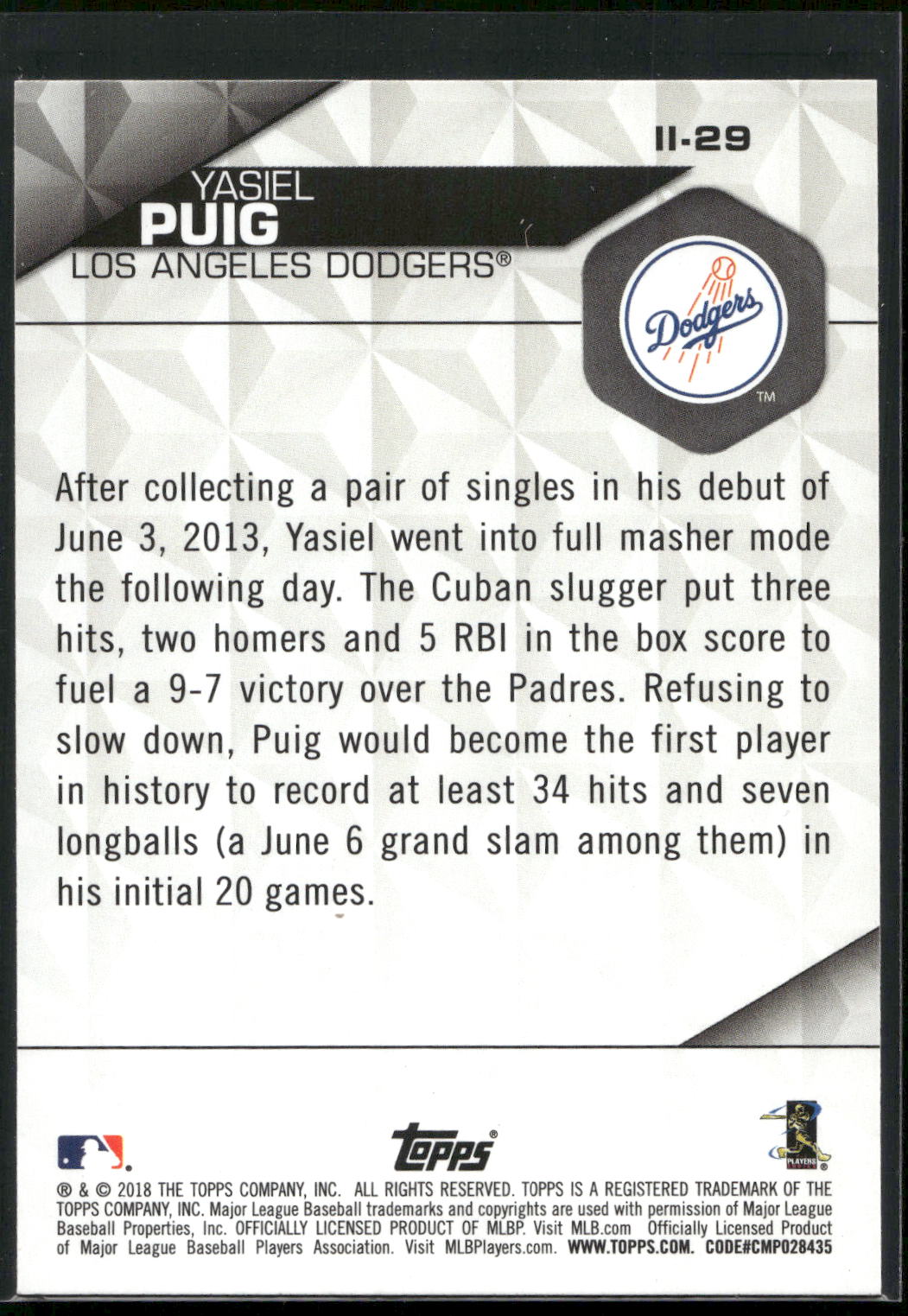 2018 Topps #II-29 Yasiel Puig Instant Impact