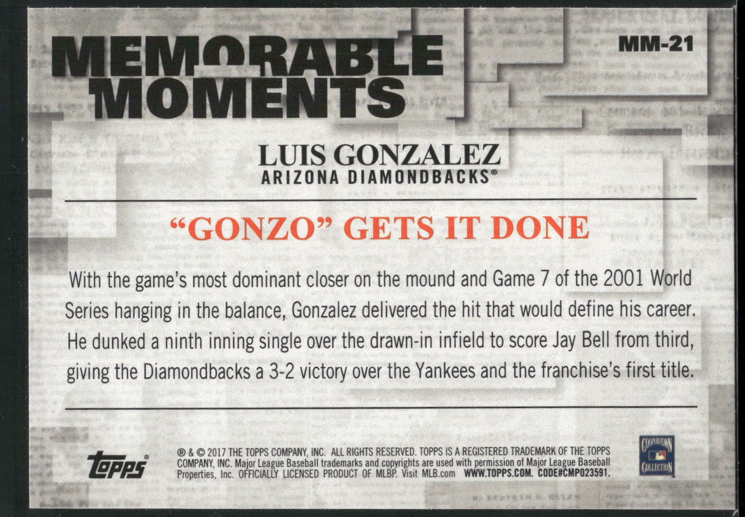 2017 Topps #MM-21 Luis Gonzalez Memorable Moments