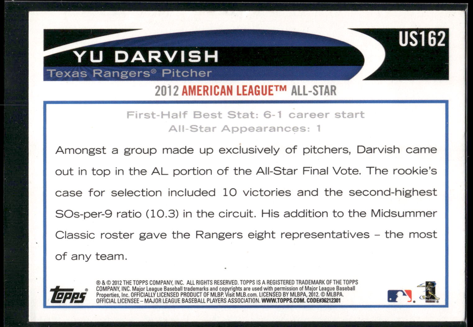 2012 Topps Update #US162 Yu Darvish