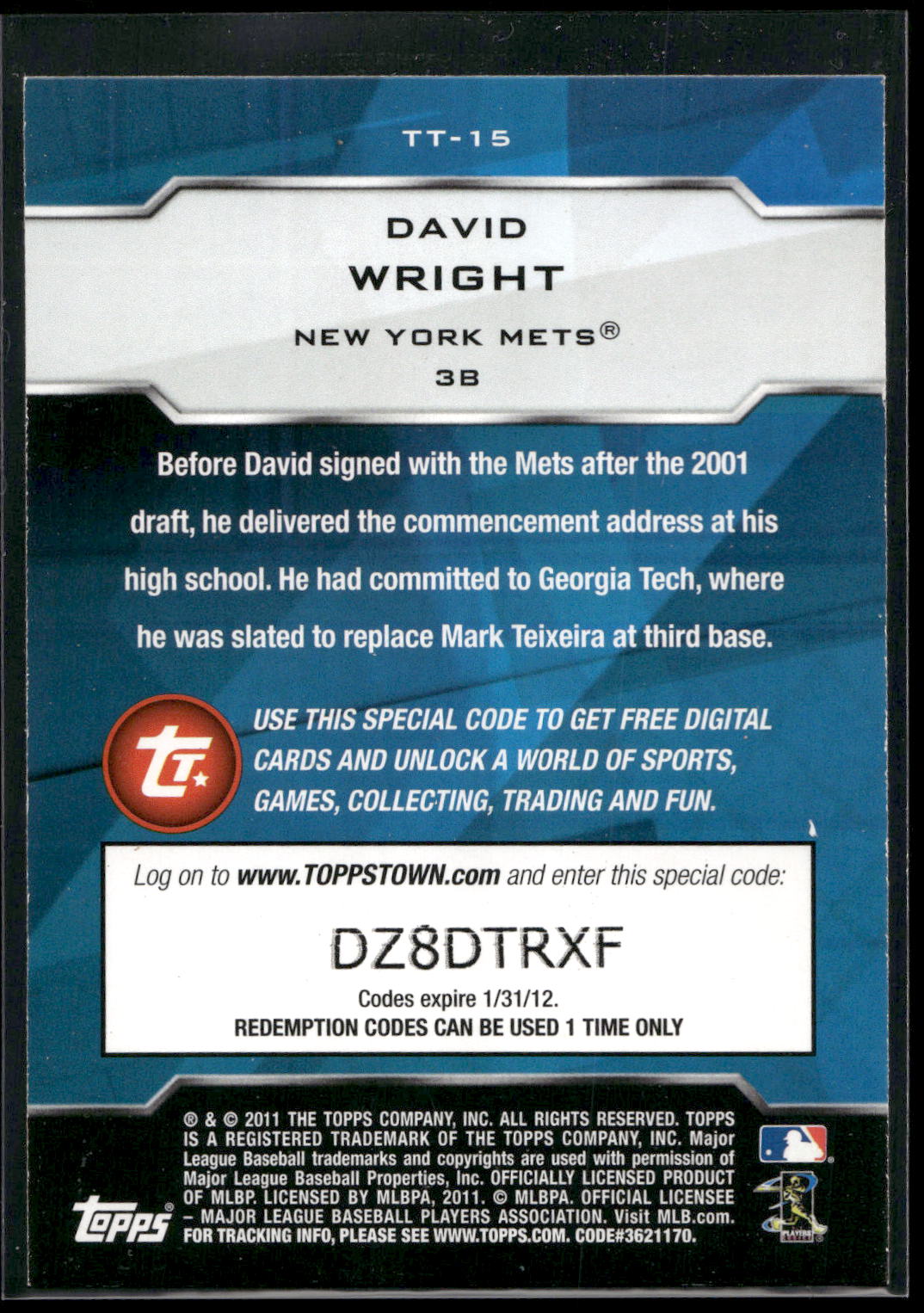 2011 Topps #TT-15 David Wright Topps Town (Series 1)