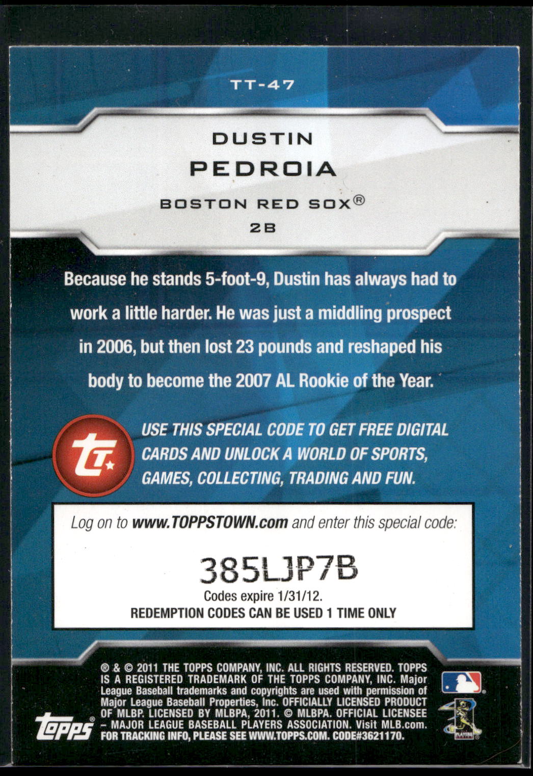 2011 Topps #TT-47 Dustin Pedroia Topps Town (Series 1)