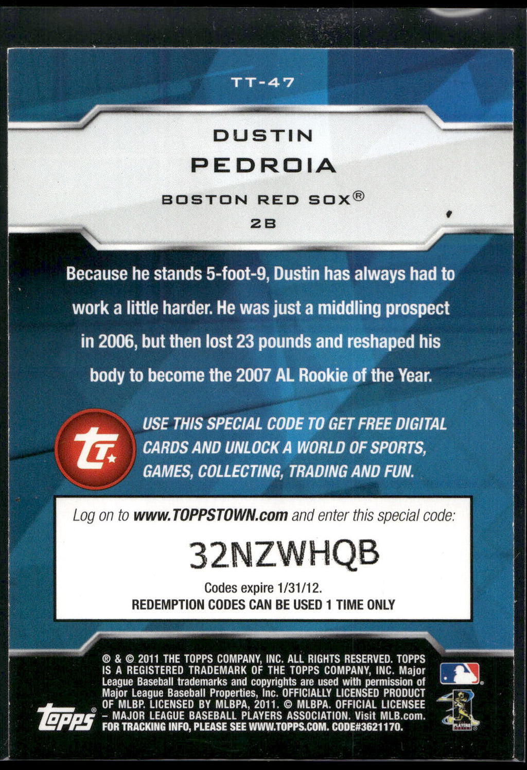 2011 Topps #TT-47 Dustin Pedroia Topps Town (Series 1)