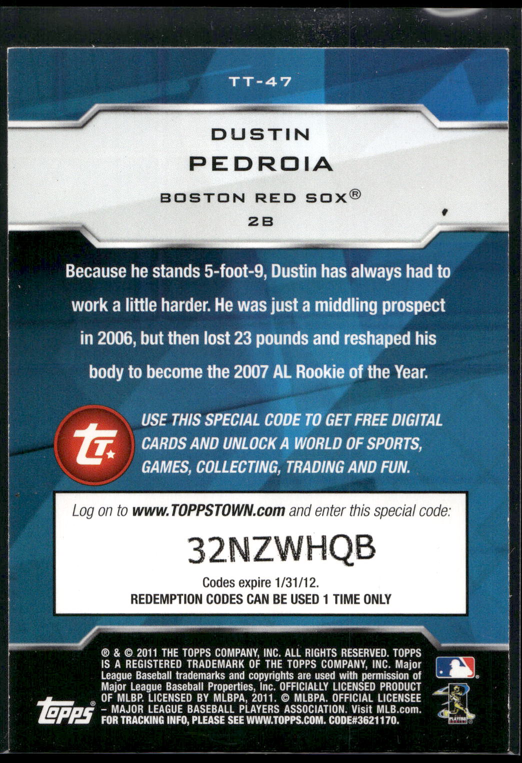 2011 Topps #TT-47 Dustin Pedroia Topps Town (Series 1)
