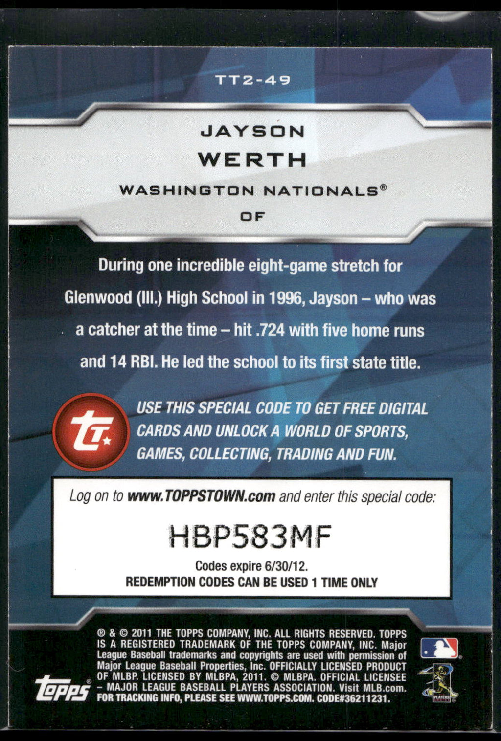 2011 Topps #TT2-49 Jayson Werth Topps Town (Series 2)