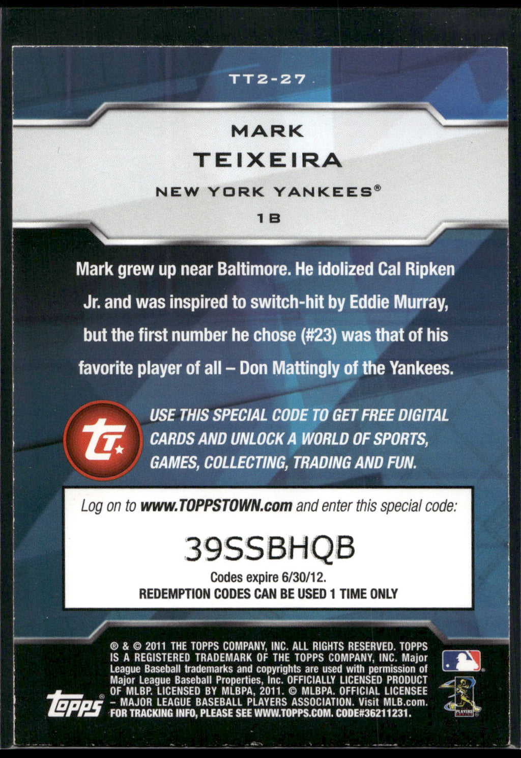2011 Topps #TT2-27 Mark Teixeira Topps Town (Series 2)
