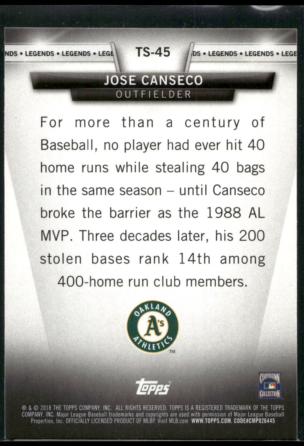 2018 Topps #TS-45 Jose Canseco Topps Salute (Series One)