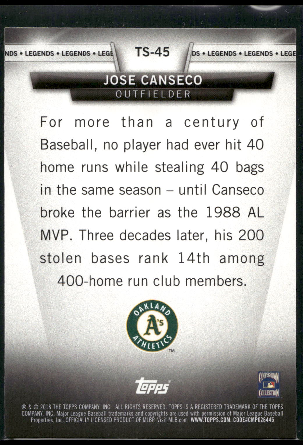 2018 Topps #TS-45 Jose Canseco Topps Salute (Series One)