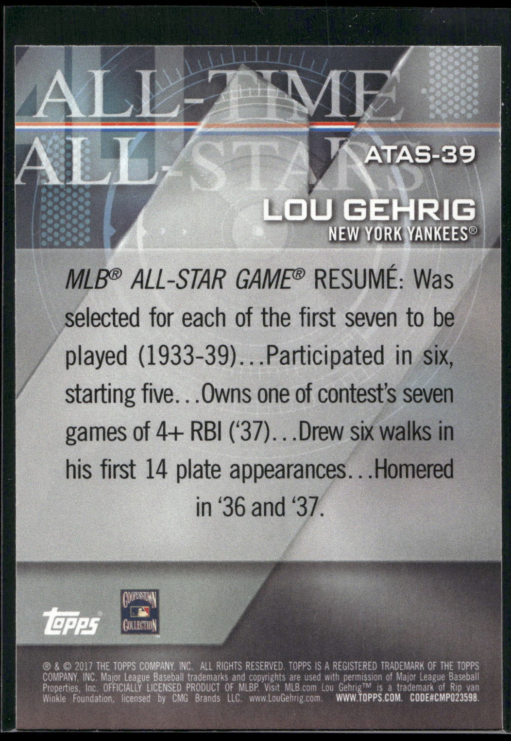 2017 Topps #ATAS-39 Lou Gehrig All-Time All-Stars