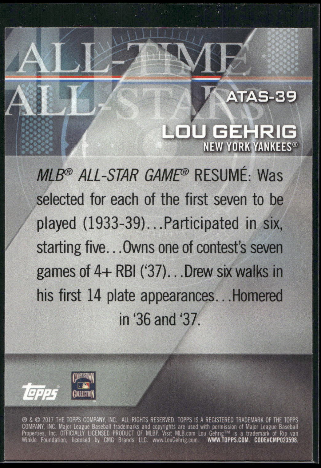 2017 Topps #ATAS-39 Lou Gehrig All-Time All-Stars