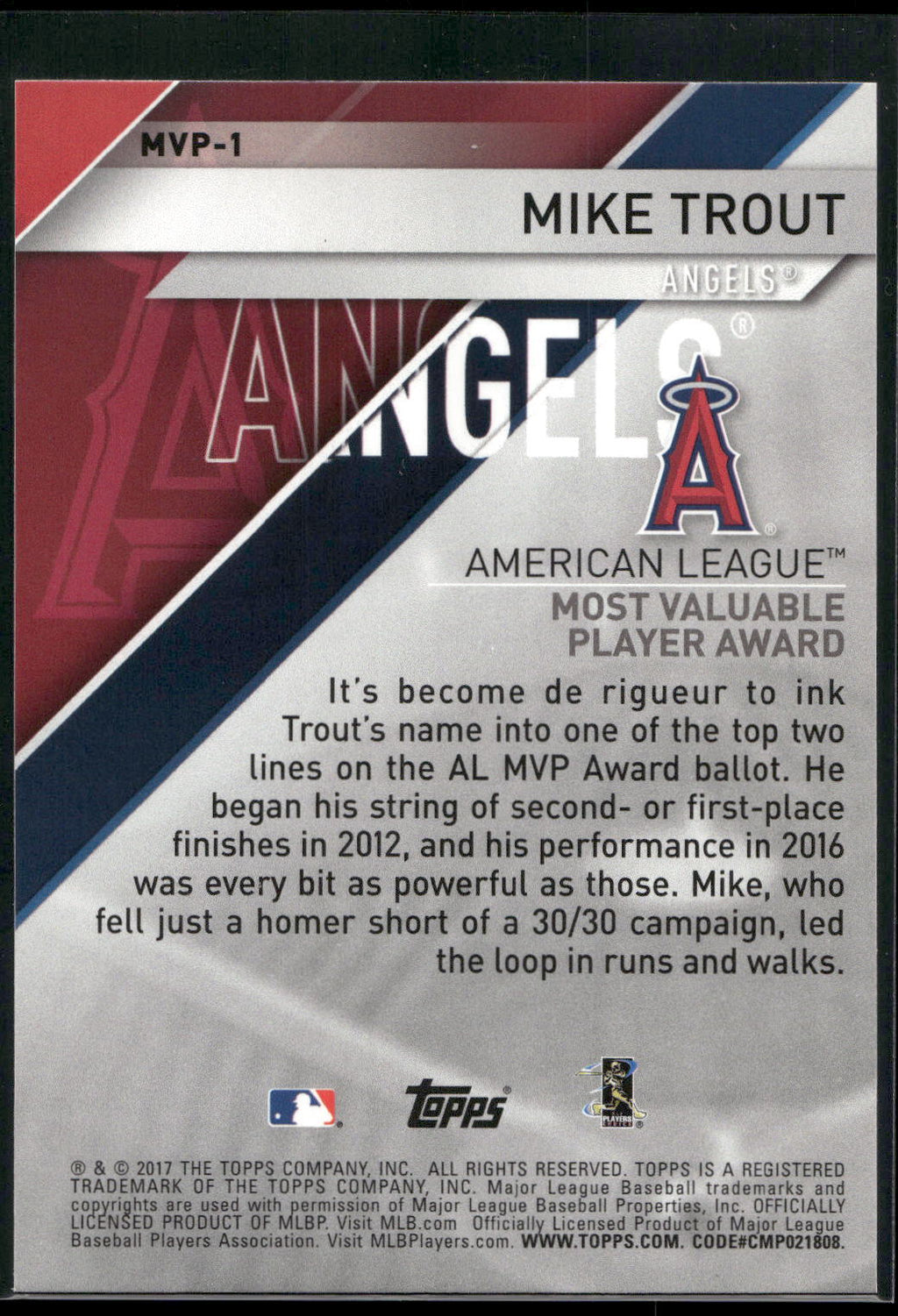 2017 Topps #MVP-1 Mike Trout MLB Awards