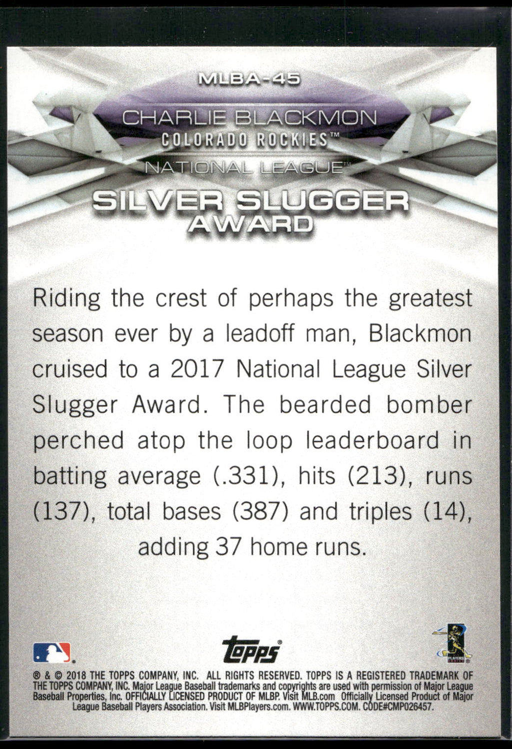 2018 Topps #MLBA-45 Charlie Blackmon MLB Awards
